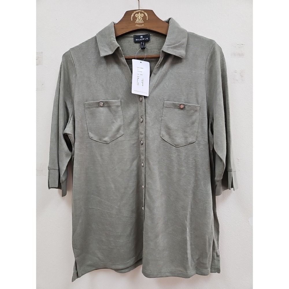 Marble Women's Top Shirt Button Front Sleeve Top Olive Green US Med NWT